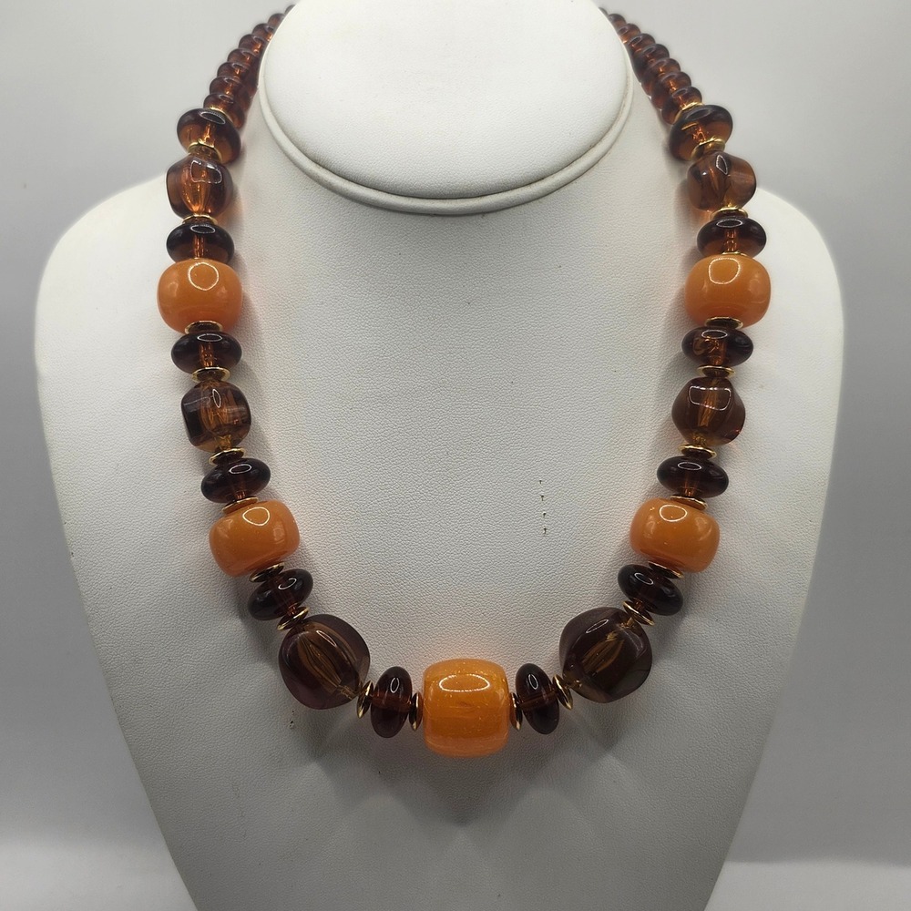 Vintage Faux Amber and Orange‎ Chunky Bead Necklace Gold Tone Lobster Clasp